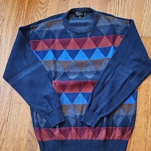 Mens Tesani Navy Geometric Crewneck Sweater with Blue & Brown Accents